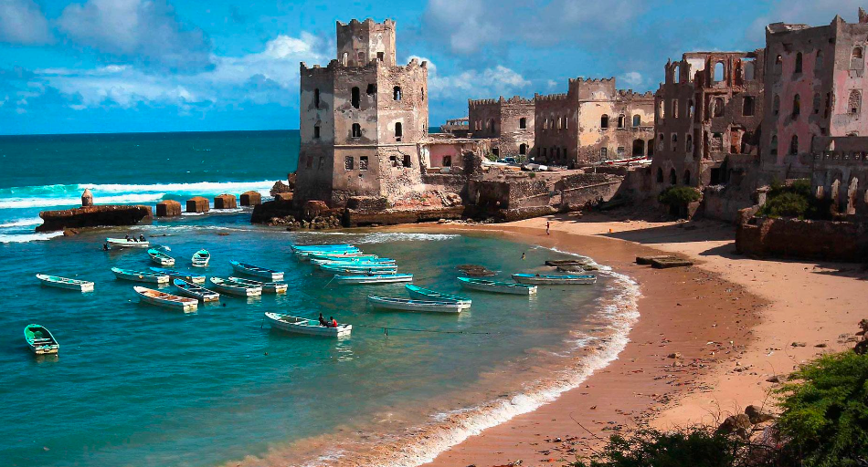 Somali coastline with traditional fishing boats